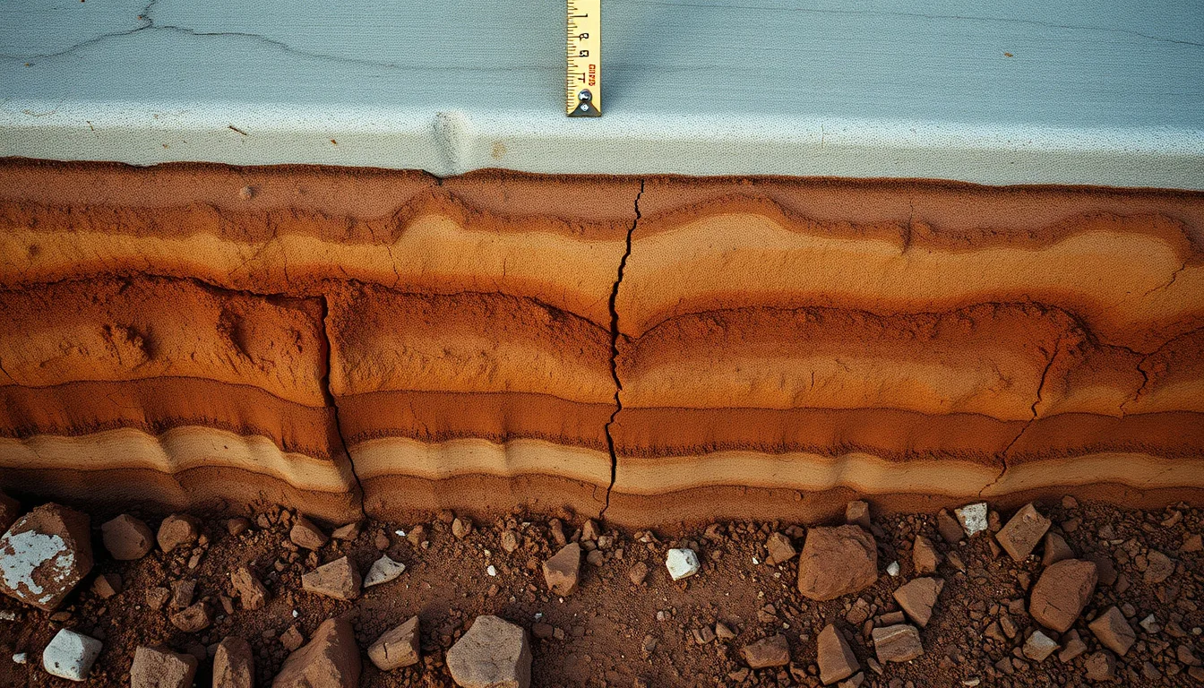 Excavated clay soil profile beneath a lifted concrete slab edge in the Pikes Peak region