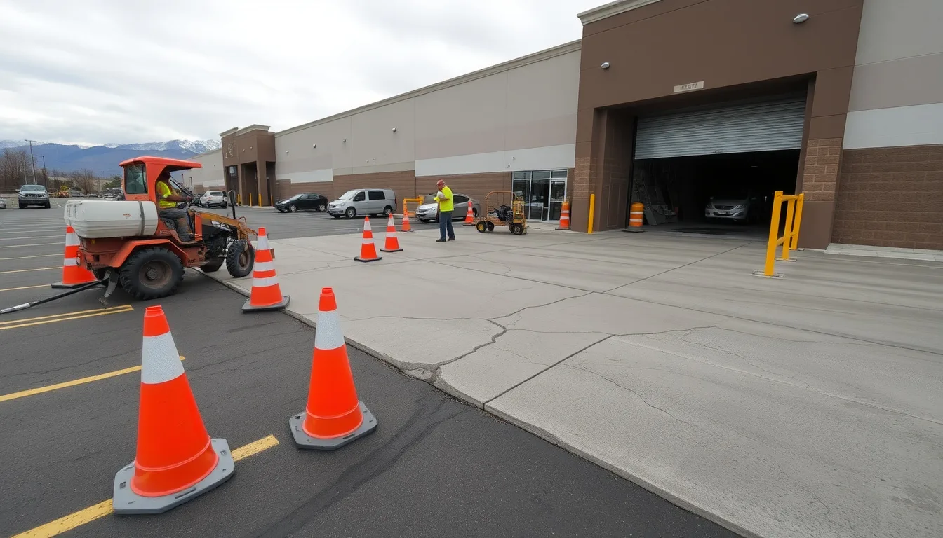 Crew repairing a cracked commercial parking lot section at a Colorado Springs business during off-hours