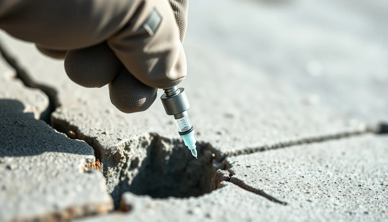 Technician injecting epoxy resin into a structural crack in a concrete driveway slab near Colorado Springs