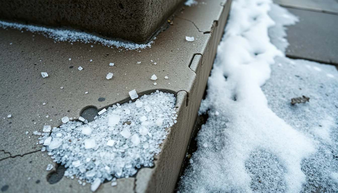 Close-up of de-icing salt residue and pitted scaling damage on a Pikes Peak region concrete sidewalk edge