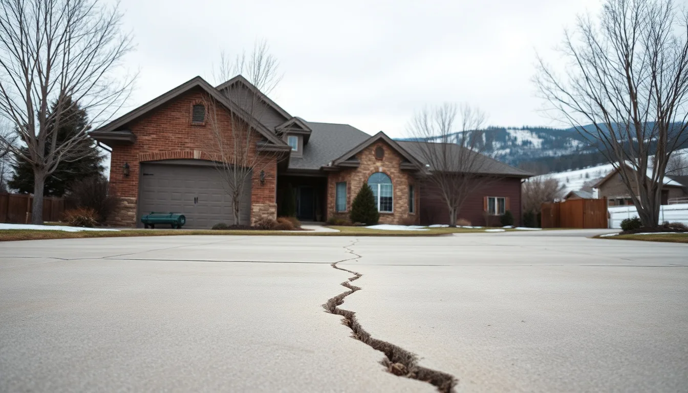 Cracked and heaved concrete driveway slab on a graded lot near Woodland Park, Colorado