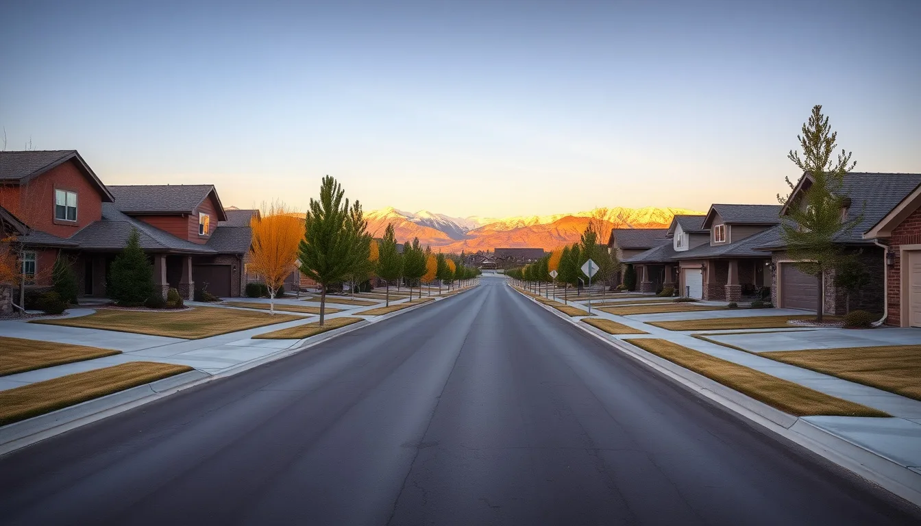 Level concrete driveways on a Colorado Springs area street with mountains at golden hour