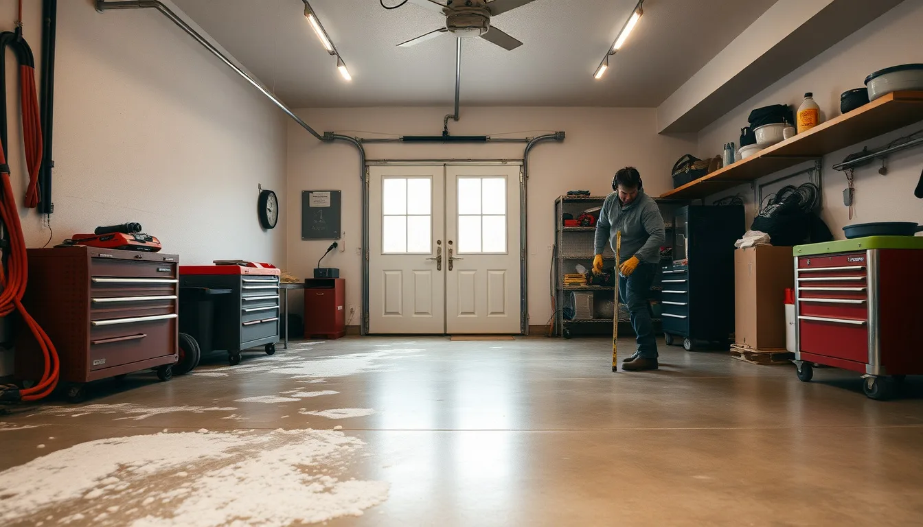 Technician repairing a flaking, salt-damaged garage floor slab in a Colorado Springs home