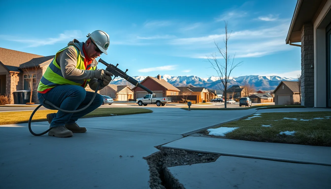 Technician injecting polyurethane foam under a cracked driveway slab with Pikes Peak in the background