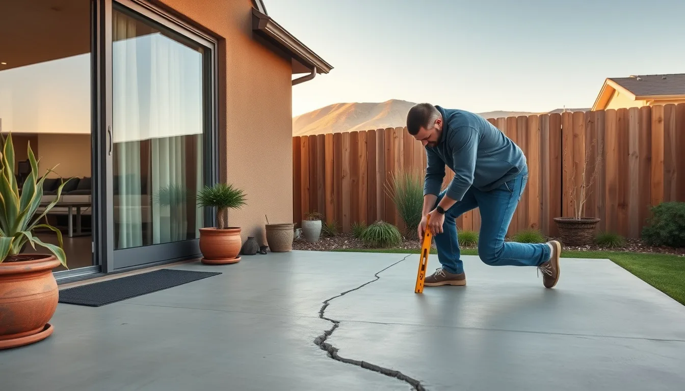 Concrete contractor repairing a cracked backyard patio slab against a hillside home in Woodland Park, Colorado