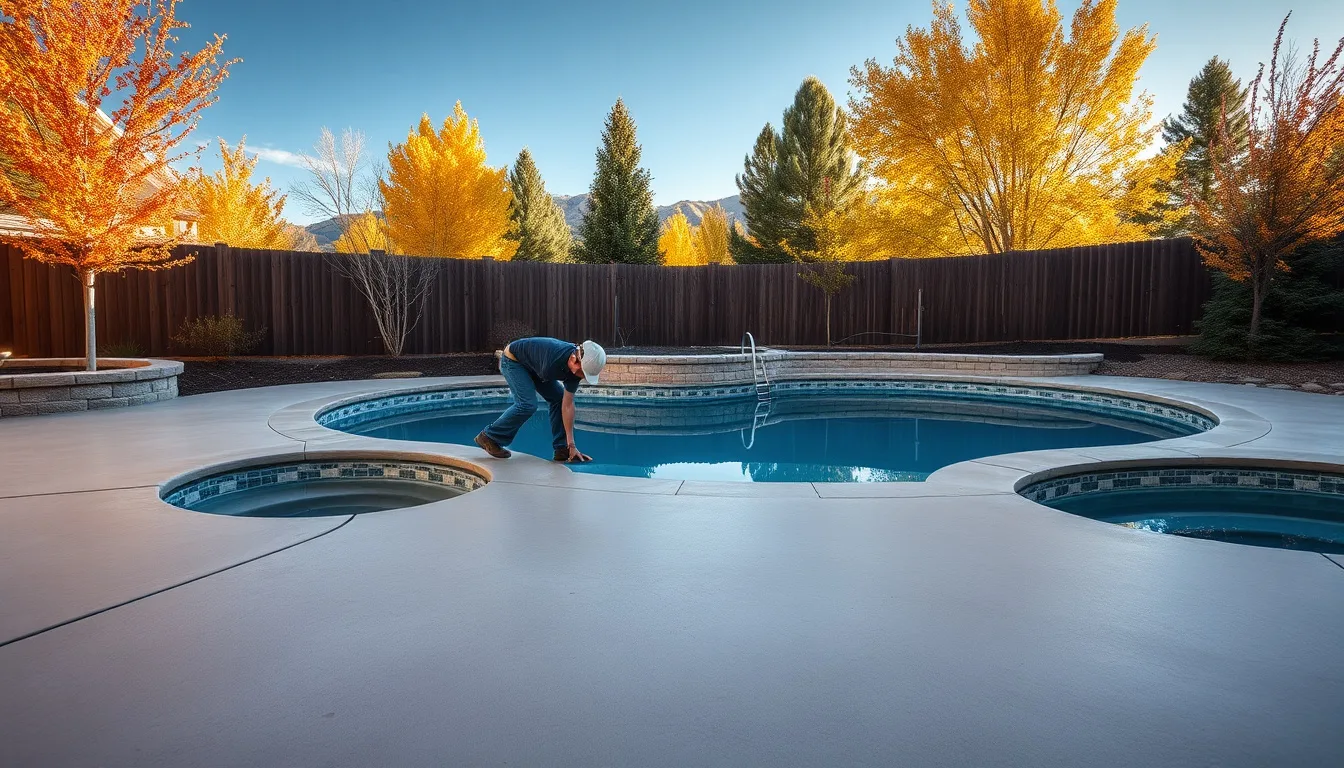 Concrete contractor leveling a sunken pool deck slab with polyurethane foam injection near Colorado Springs