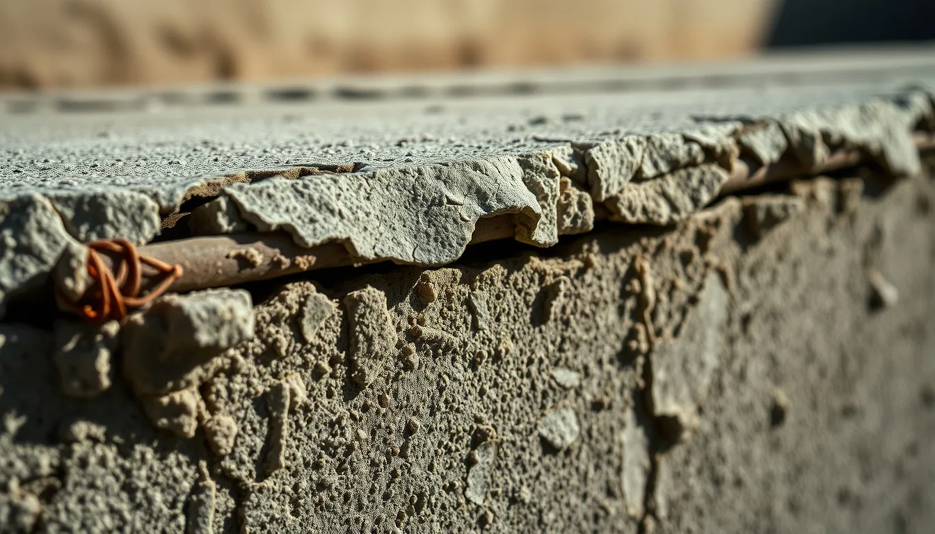 Close-up of spalled and scaling concrete with rust-stained exposed rebar on a driveway near Woodland Park