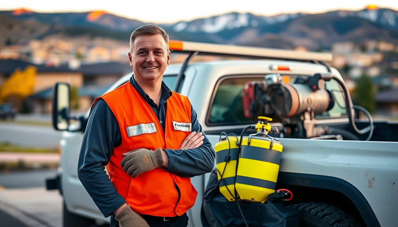 Concrete repair technician with injection equipment beside a work truck in the Pikes Peak region